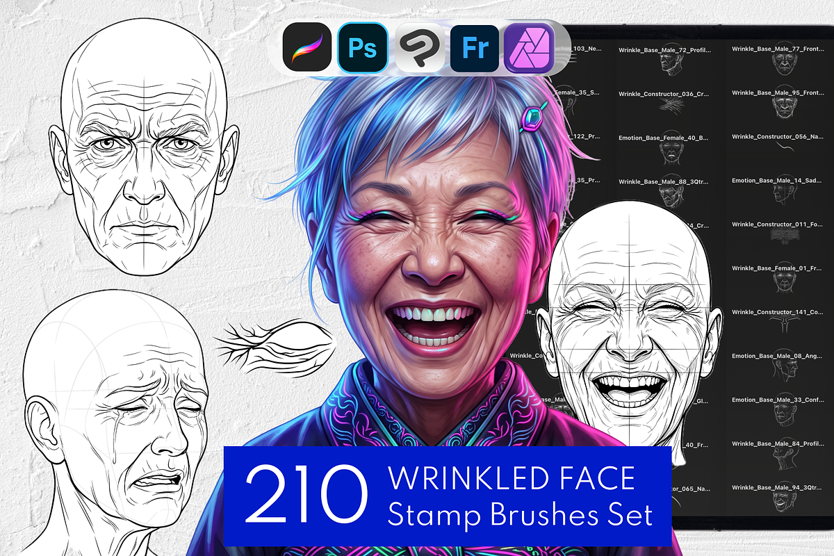 Wrinkled Face Stamp Brushes Set, a Brush Add-On by Selentaori Studio (Photo 1 of 13)