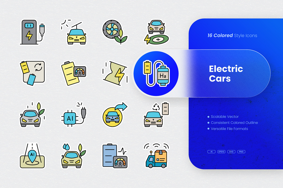 Electric Cars Colored Icons, an Outline Icon by cidcud_graphic