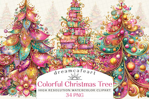 Colorful Christmas Tree Clipart, an Illustration by DreamCafeArt