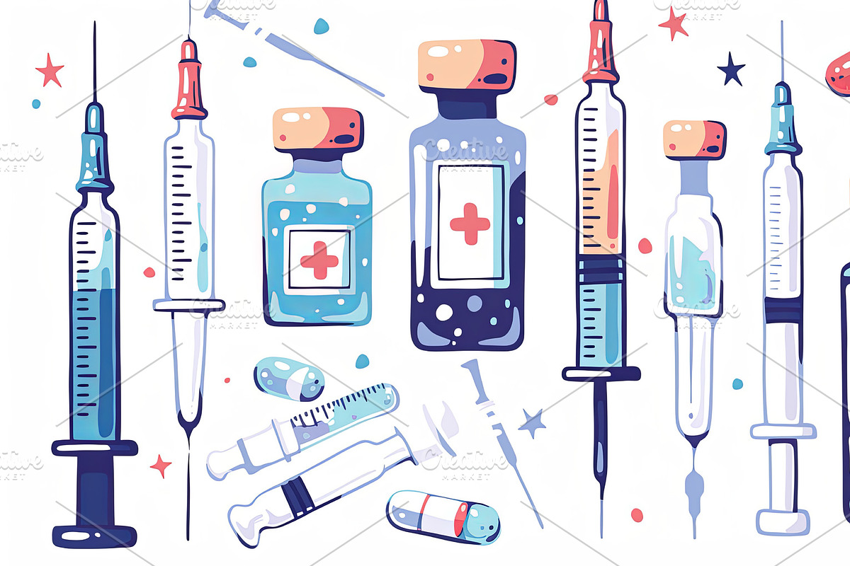 Colorful medical illustration of syringes, vials, and medicine supplies, an Illustration by AS photostudio