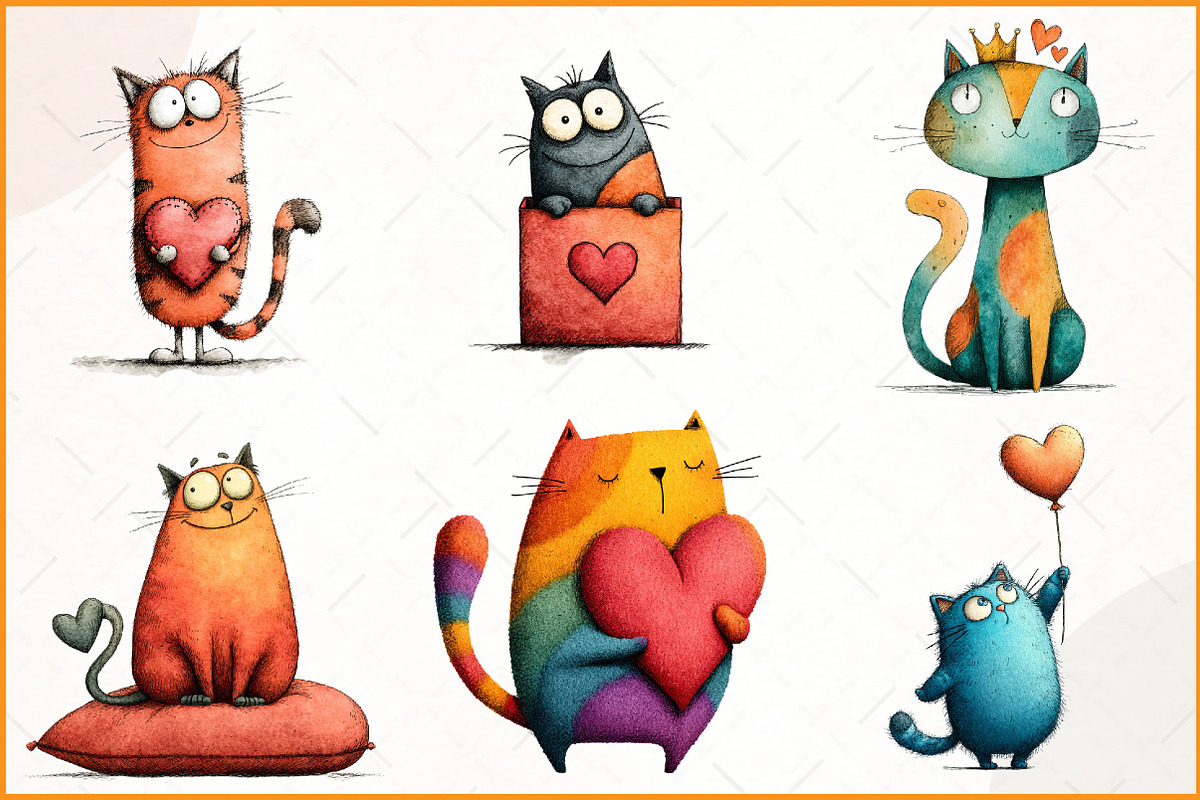 Quirky Valentine Cats Clipart, an Illustration by Watercolor design (Photo 2 of 9)