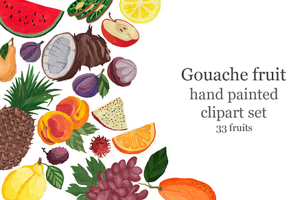 Fruit set, hand-painted, gouache