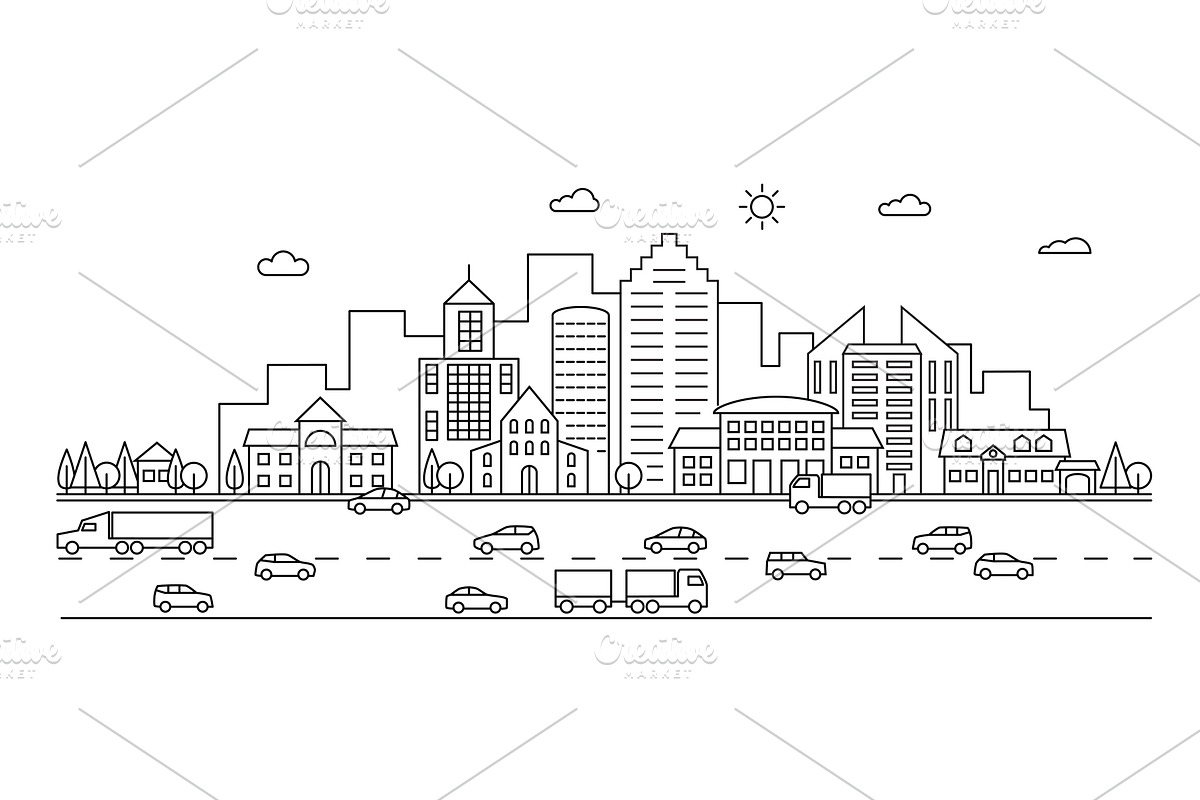 Line city. Outline town street with, a Background Graphic by Valerie Bodnar