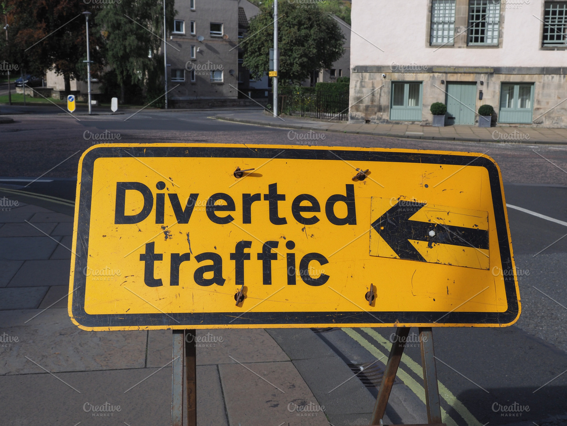temporary diverted traffic sign, a Photo by WorldOfPhotos