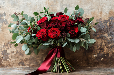 Elegant Bouquet of Burgundy and Blush Roses with Eucalyptus, an Abstract Photo by Natalia Klenova's Shop