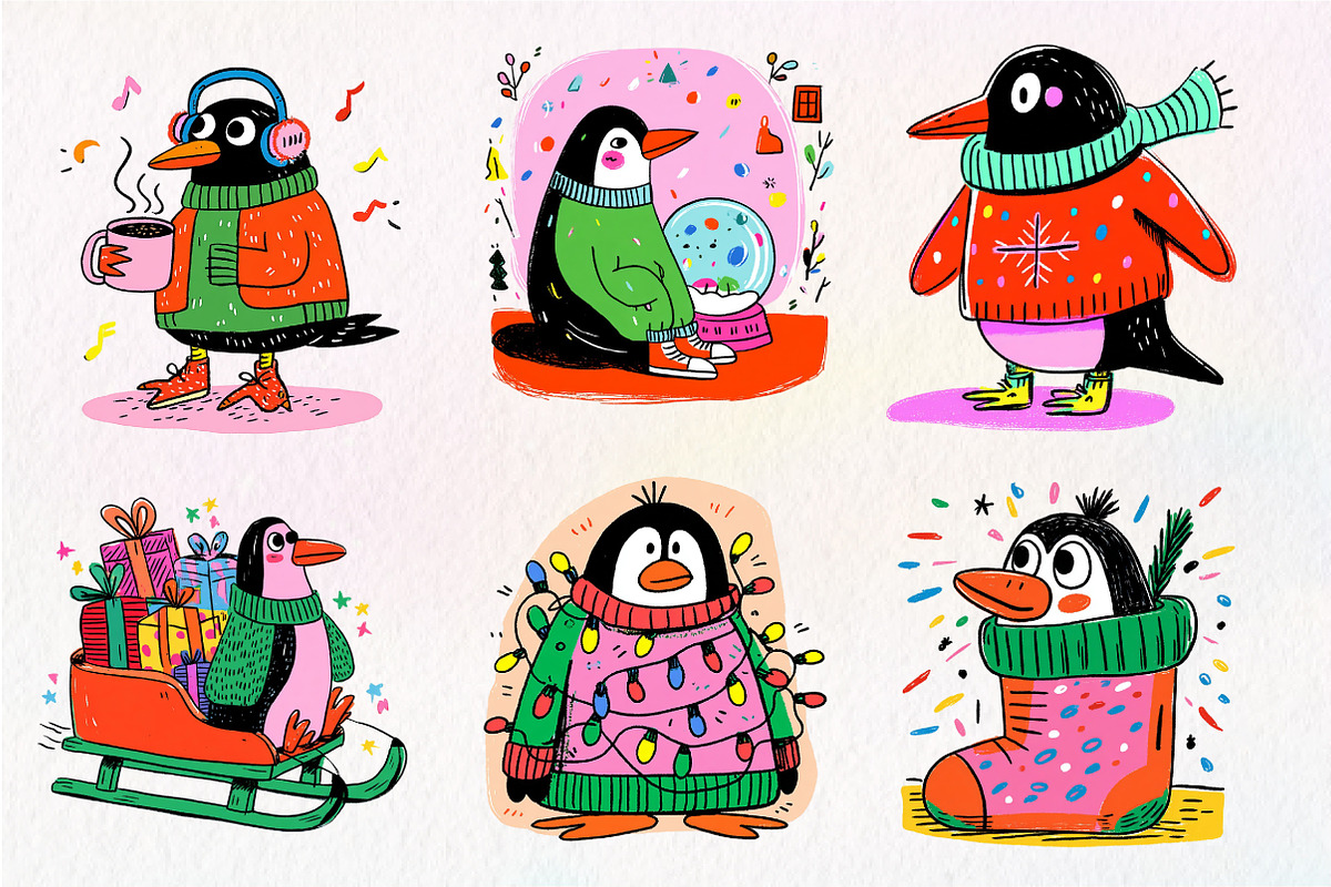 Hand-Drawn Christmas Penguin Clipart, an Illustration by Dream Creation (Photo 2 of 7)