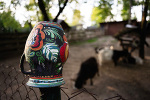 Decorative jug on fence with blurred animals in a rustic outdoor setting, a Photo by AS photostudio