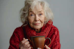 Elderly woman with gray hair, wearing a cozy red sweater, holding a warm cup in, a Background Photo by ImageMir