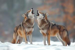 Two majestic wolves howling together in a serene snow-covered forest, showcasin, an Animal Photo by ImageMir