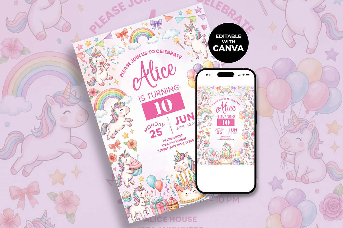 Unicorn Birthday Invitation, an Invitation Template by M9 Design (Photo 2 of 4)