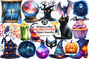 Watercolor Halloween Evening Clipart, an Illustration by Canvas Craft