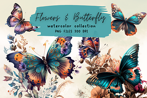 Watercolor Flower Butterfly Clipart