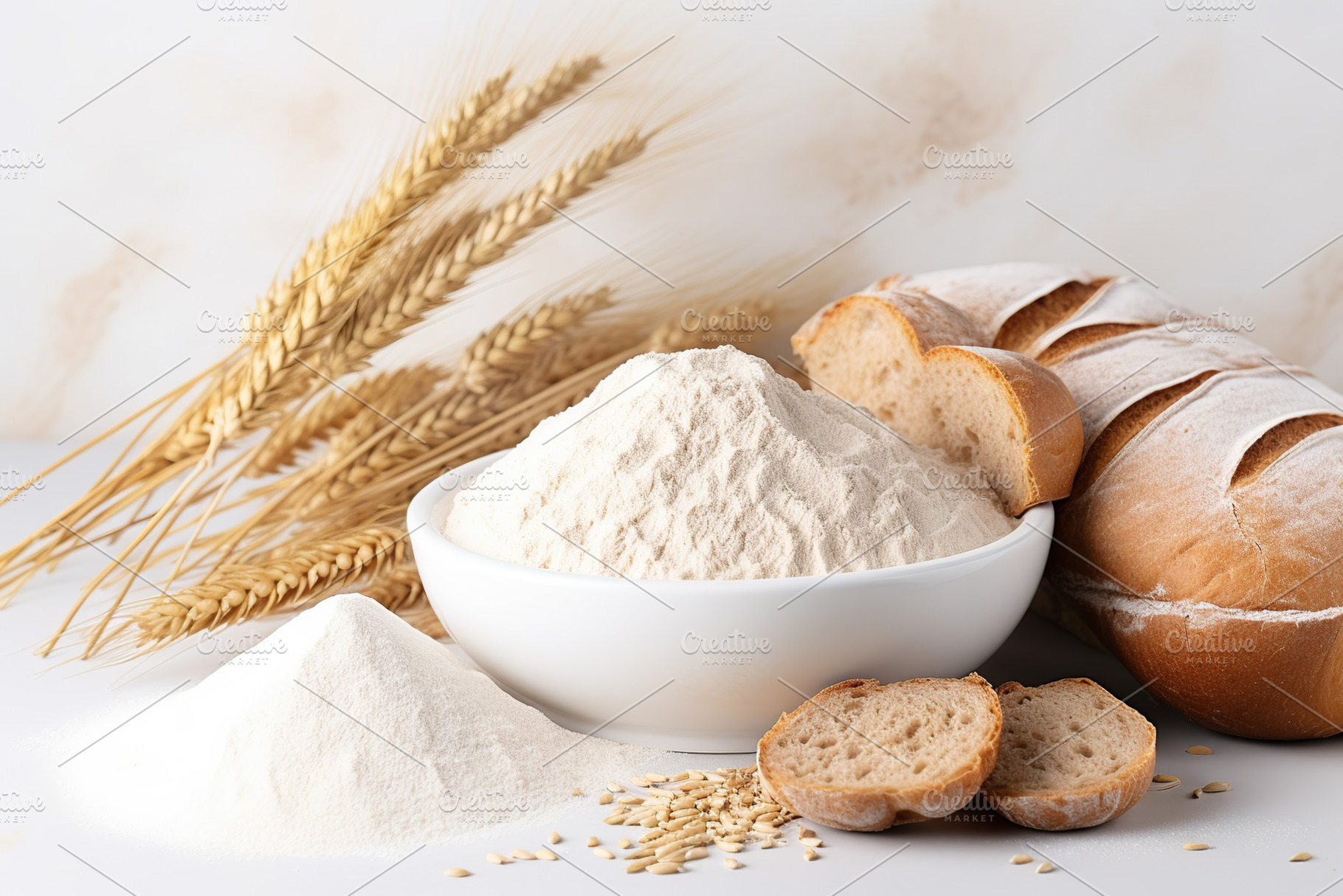 Flour in wooden bowl with wheat ears and fresh bread, a Food & Drink Photo by AlyaAnd