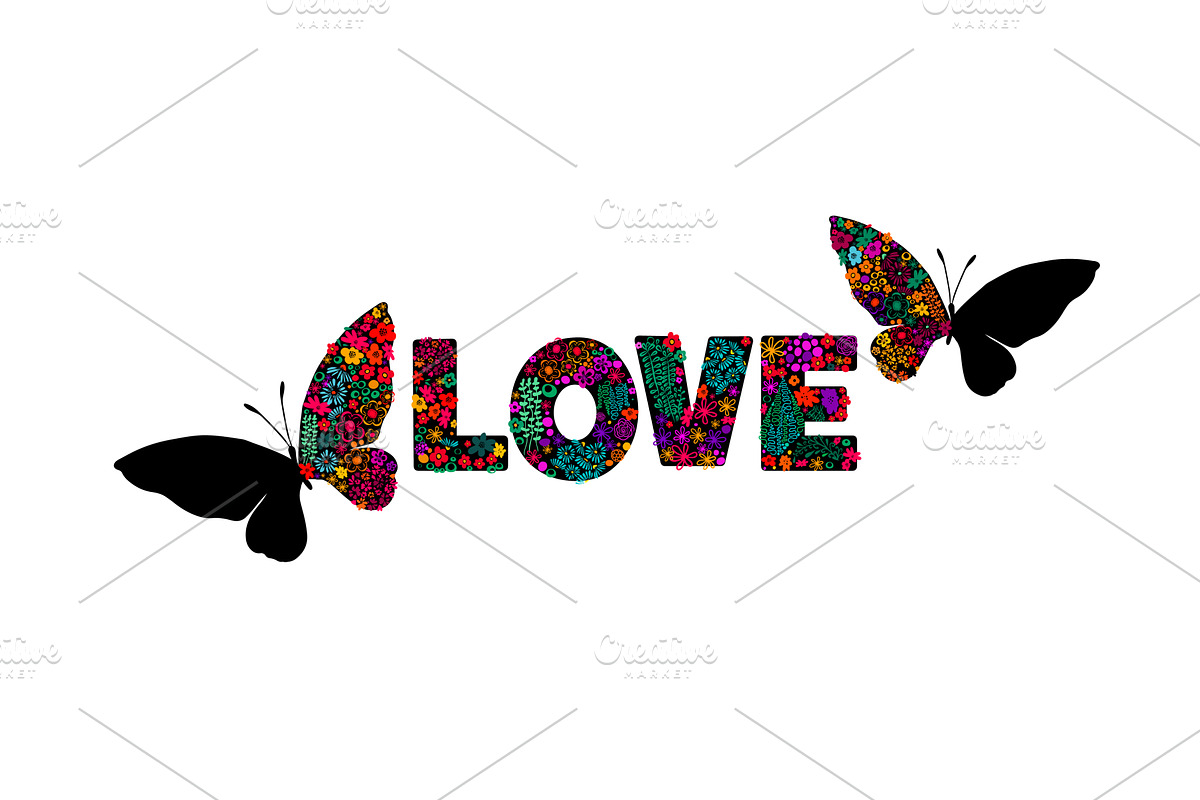 Text love butterflies and flowers, an Object Illustration by Nenahliadava Design