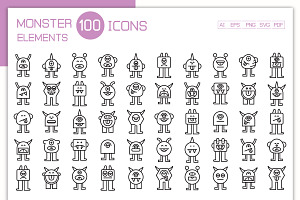 100 Cute Monster Character Icons Set, an Outline Icon by Designfour