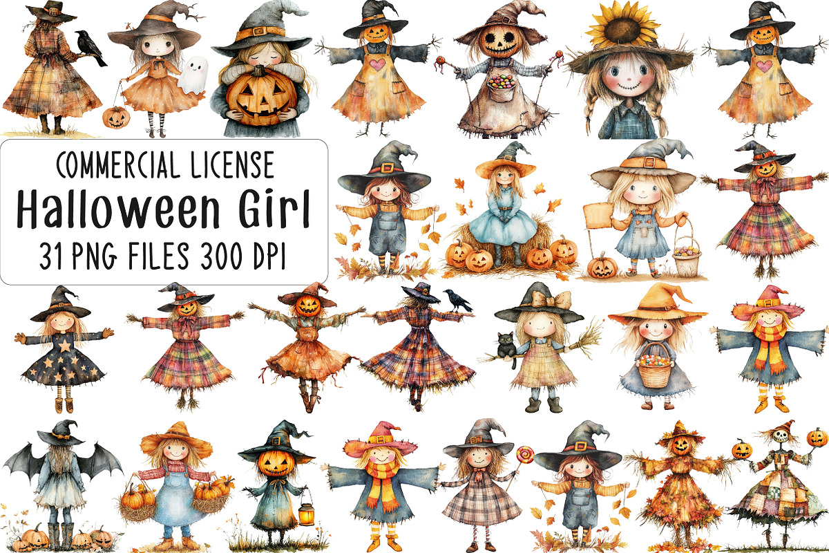 Halloween Scarecrow Girl Clipart, an Illustration by CraftArtStudio (Photo 1 of 6)