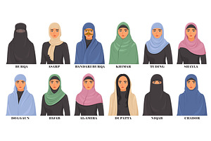 Female hijabs of different types set, an Object Illustration by SiberianArt