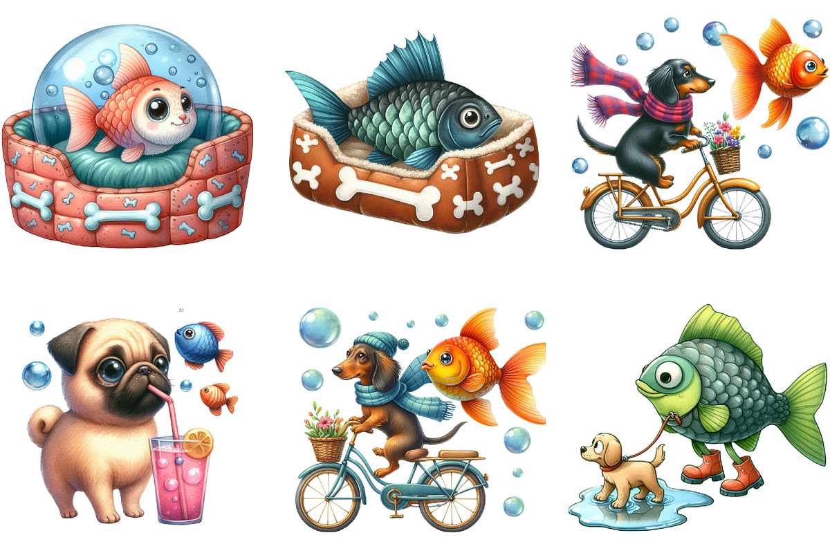 Quirky Dog and Fish Clipart, an Illustration by DreamArtGraphic (Photo 2 of 5)