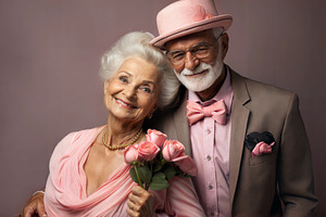 Elderly couple smiling with flowers, dressed in pink and beige o, a Person Photo by ImageMir