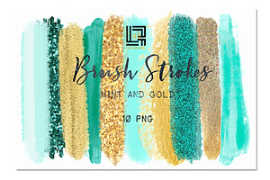 Mint, Gold Glitter. Brush Strokes