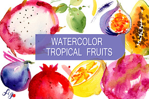 Watercolor tropical fruits. Pack.
