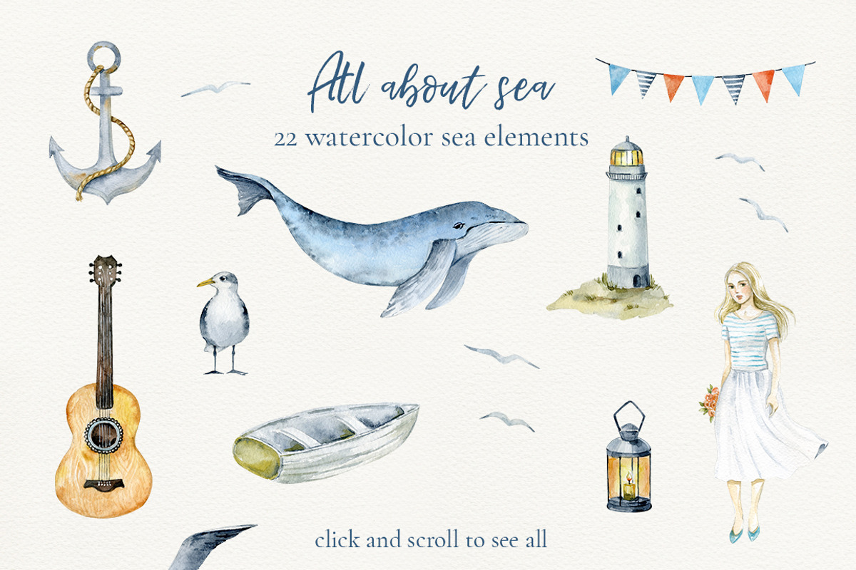 All about sea - watercolor clipart, a Decorative Illustration by long summer (Photo 6 of 13)