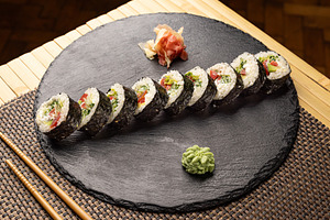 Delicious vegan sushi rolls, a Photo by Grafvision photography
