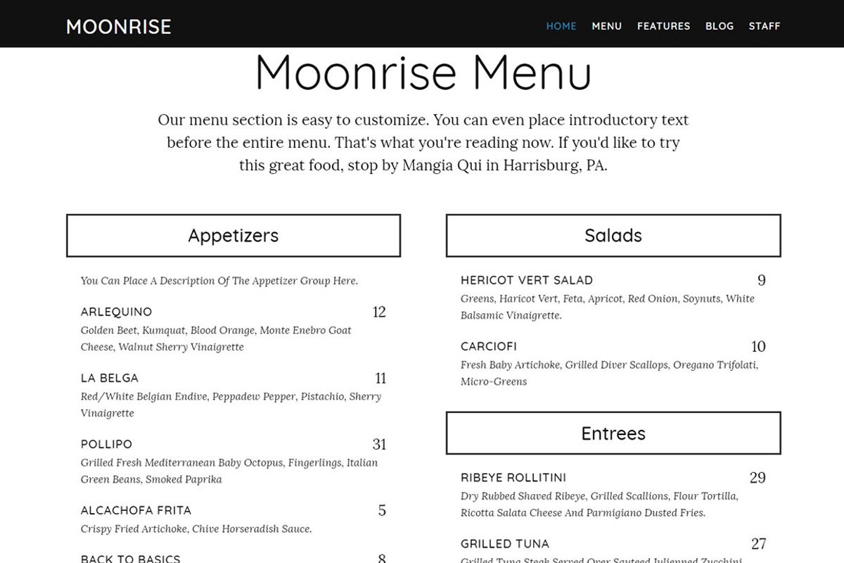Moonrise Restaurant WordPress Theme, a WordPress Template by Organized Themes (Photo 2 of 5)
