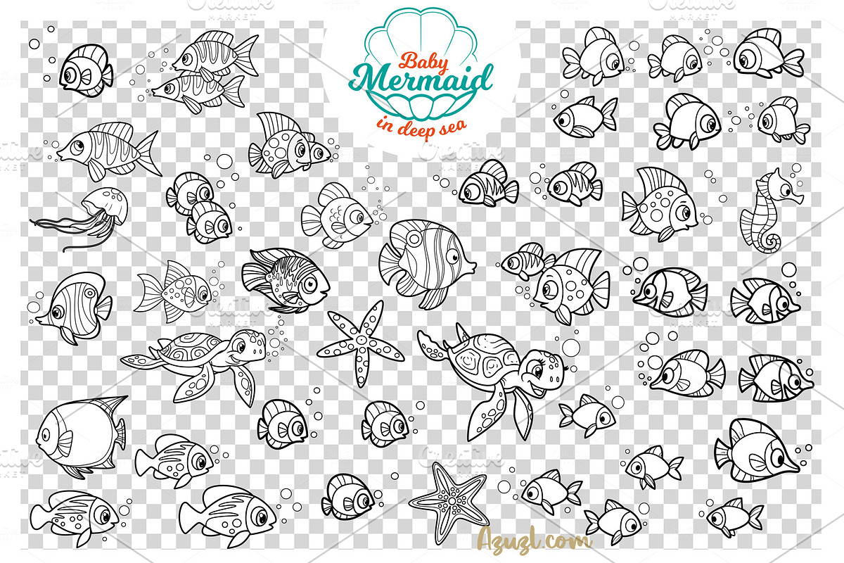 Mermaid in deep sea coloring pages, an Illustration by Azuzlikus (Photo 6 of 11)