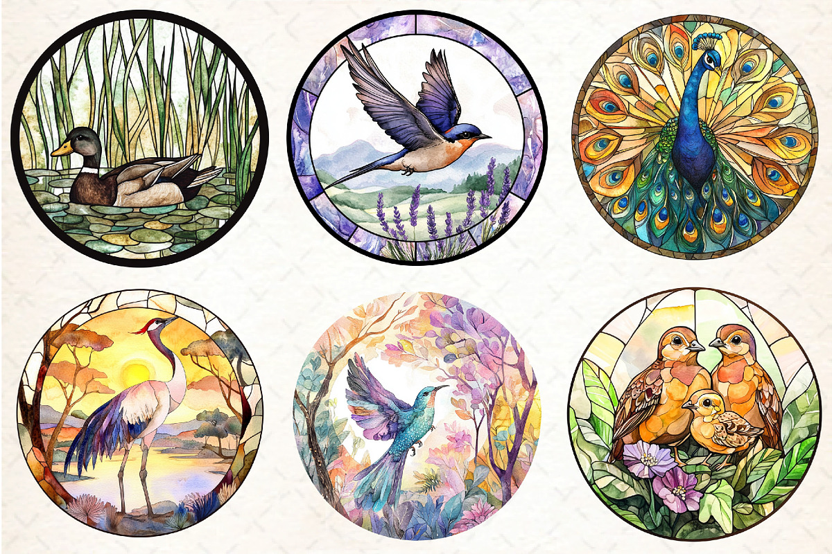 Round Stained Glass Birds Clipart, an Illustration by DreamCafeArt (Photo 4 of 9)