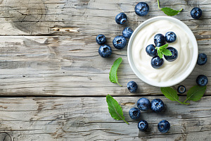 Bowl with fresh blueberries and yogurt on wooden table, a Food & Drink Photo by AlyaAnd