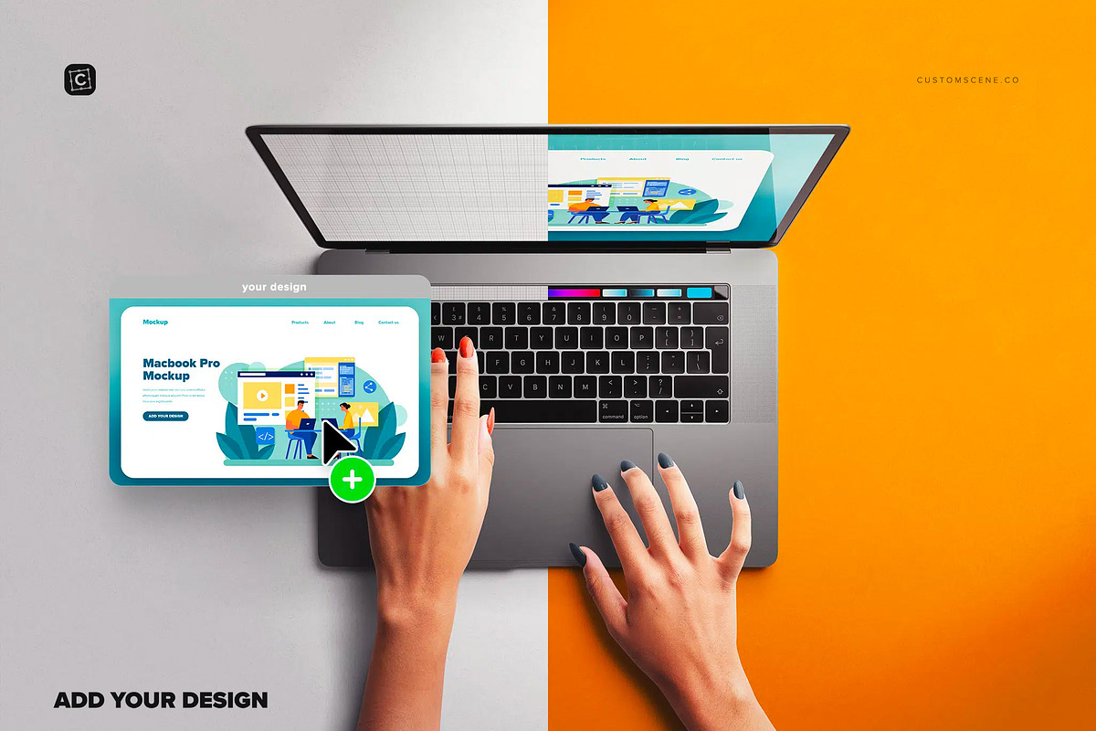 Macbook Pro 16 with Woman Hands, a Product Mockup by Custom Scene (Photo 6 of 8)