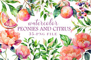 Watercolor Peonies and Citrus Clipar, an Illustration by Libby Wishes (Thumbnail 1 of 5)