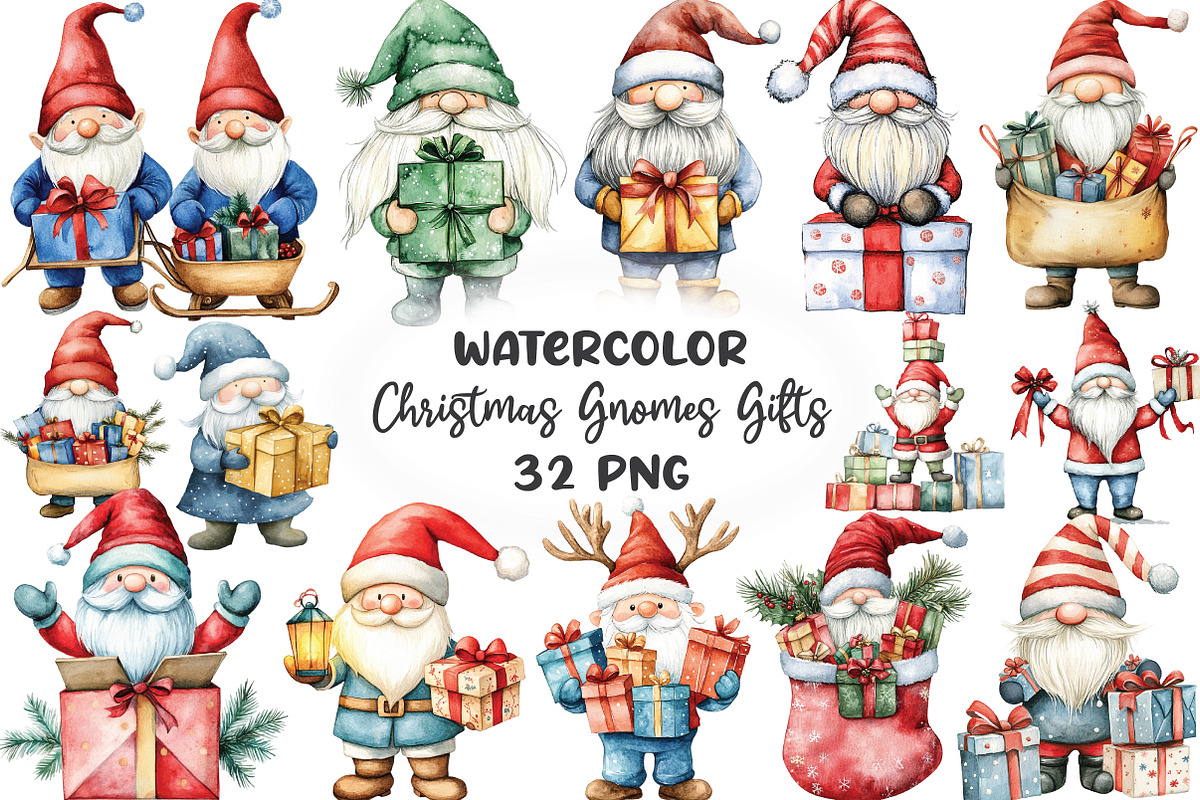 Christmas Gnomes & Gifts Clipart, an Illustration by CraftArtStudio (Photo 1 of 6)