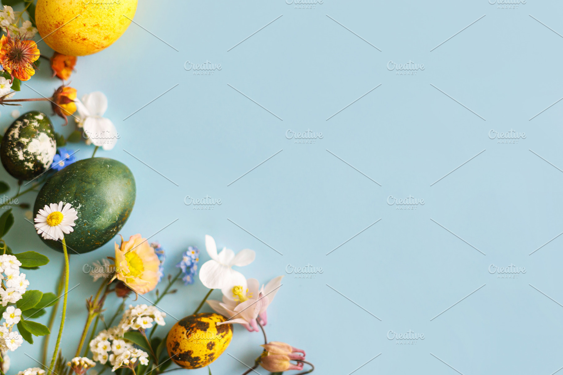 Happy Easter! Modern yellow eggs and spring blossom flat lay wit, a Holiday Photo by Sonjachni