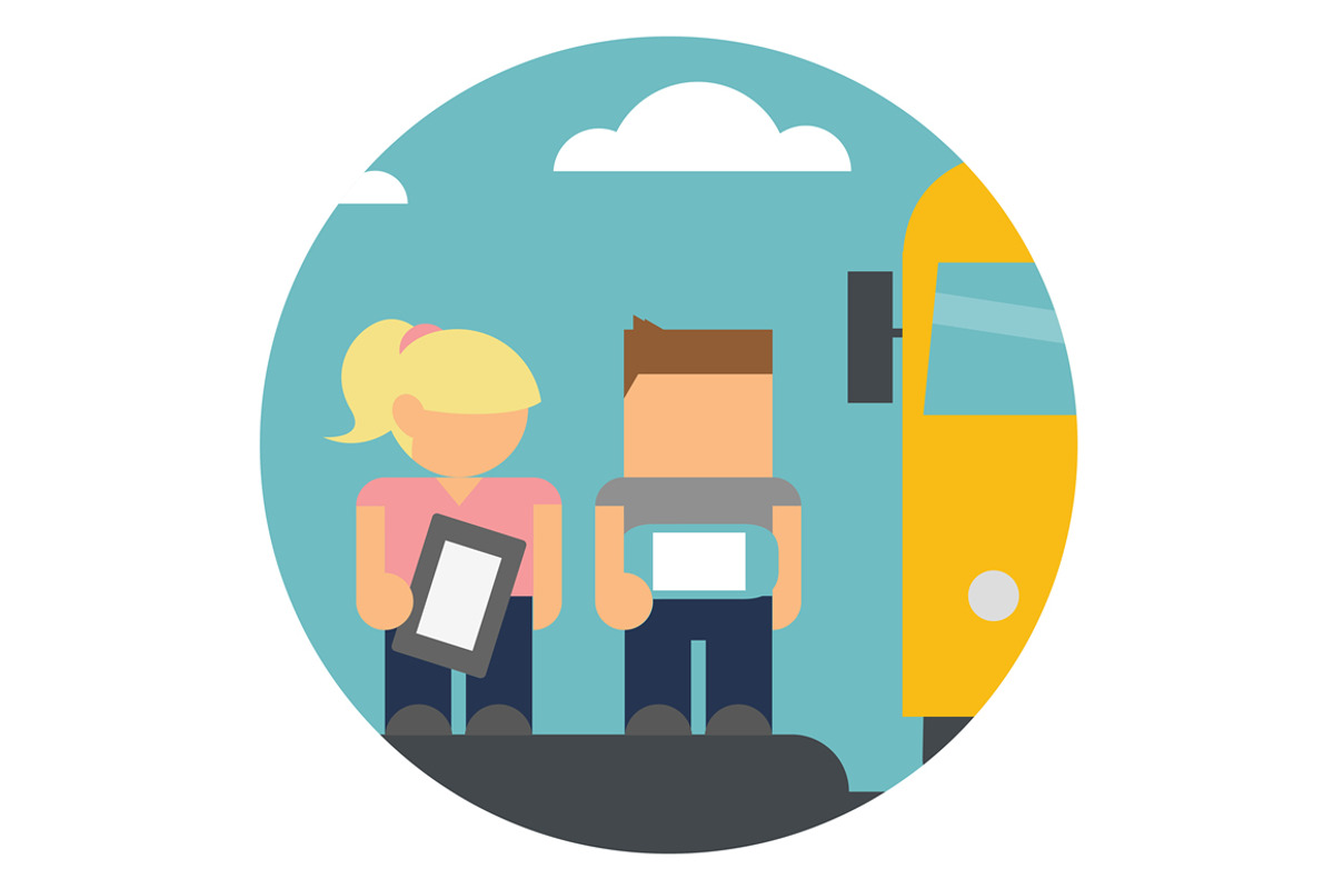 Kids with Computers at Bus Stop, an Education Illustration by SJagiello