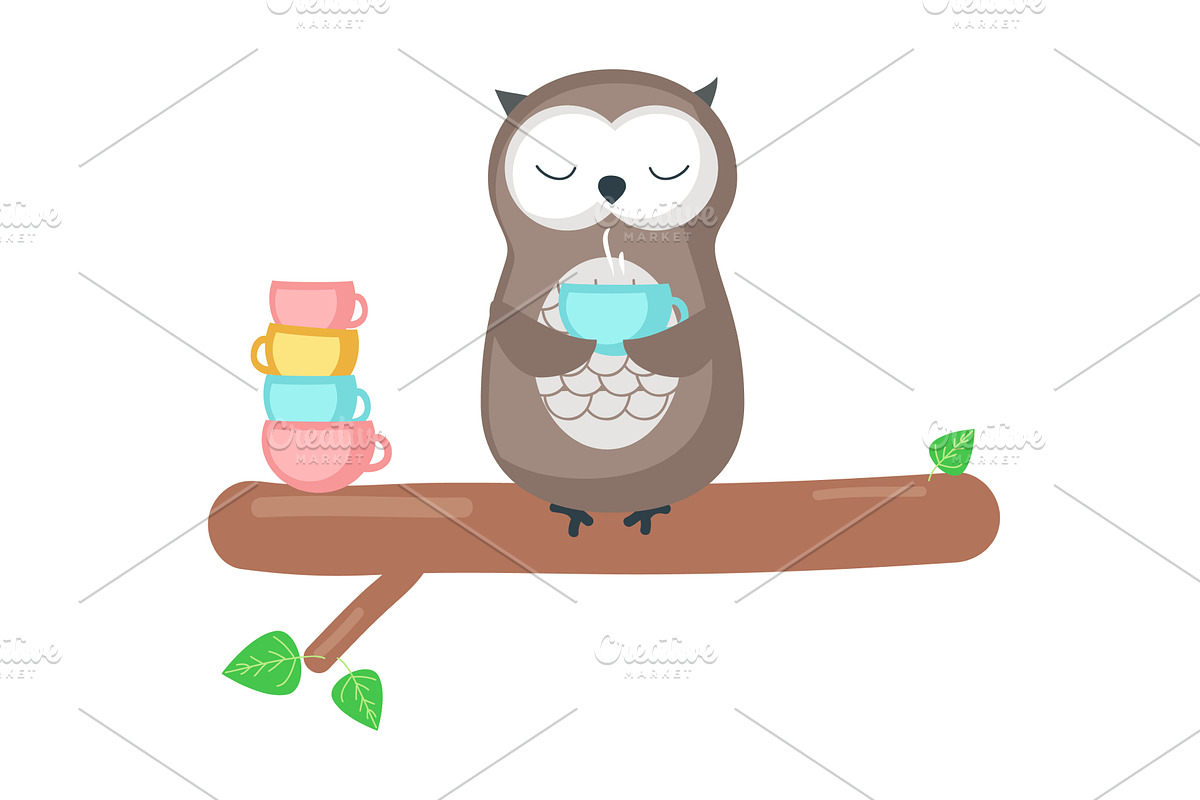 Owl with hot tea or coffee on branch, an Animal Illustration by SiberianArt