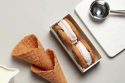 Concept of sweet food, cookies with ice cream, top view, a Background Photo by AtlasStudio