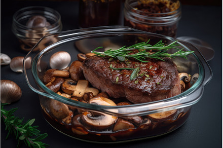 glass container with sous-vide steak, a Food & Drink Photo by Sergey Kotenev