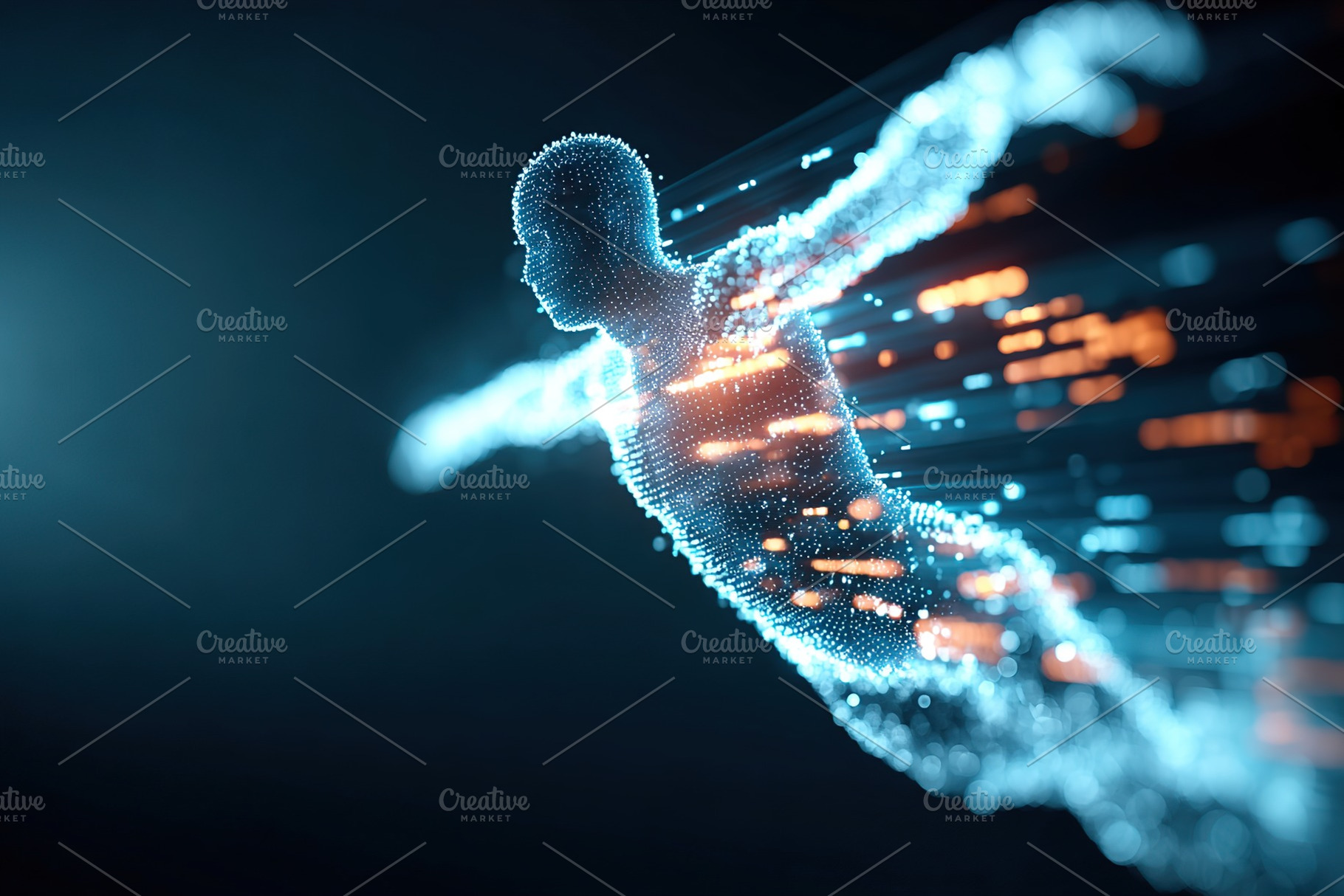 Digital human avatar suspended in vibrant particles and colors in a futuristic, a Technology Photo by AlyaAnd