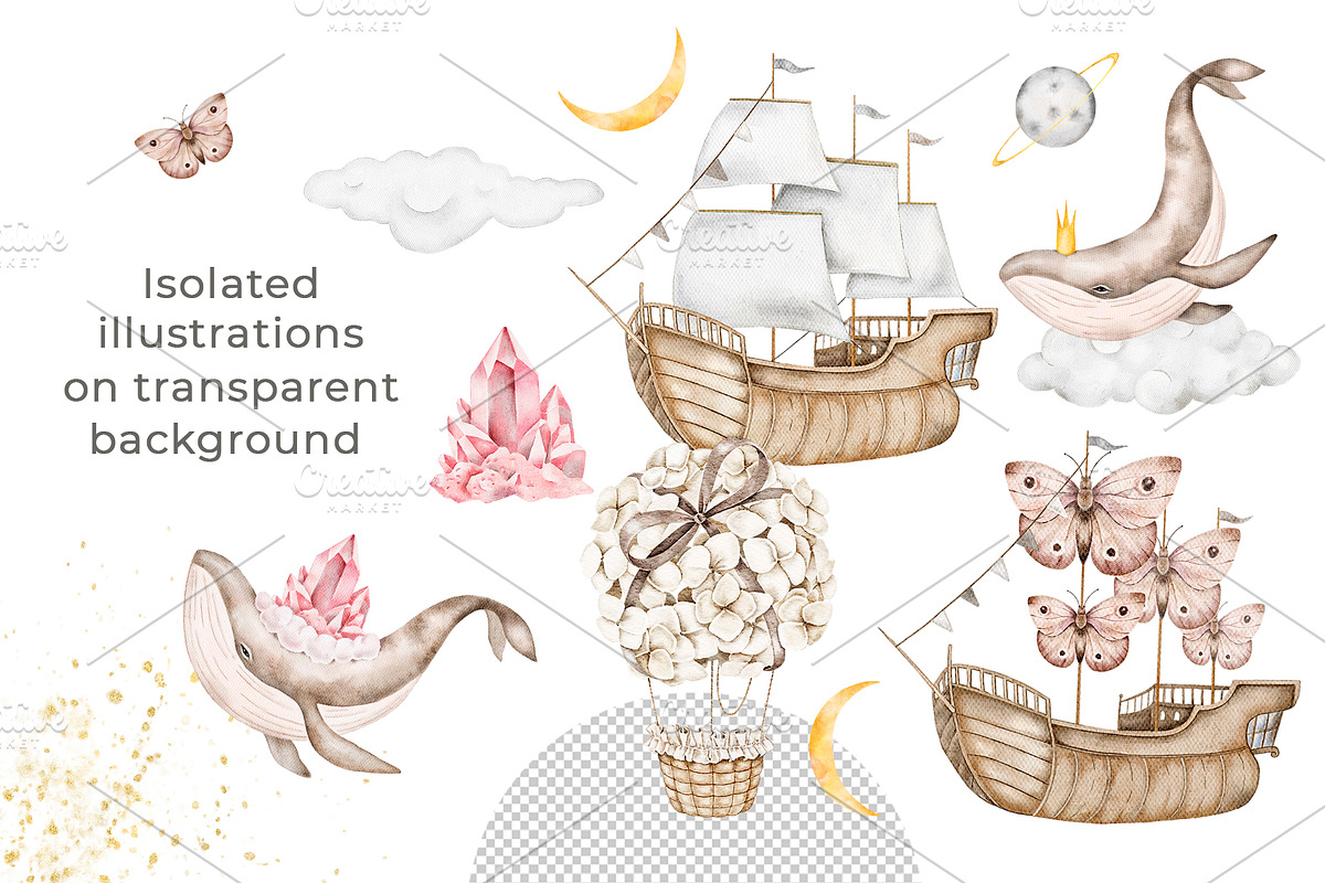 Dreamy Whales Watercolor Clip Art, a Decorative Illustration by Eves_Aquadreams (Photo 2 of 9)