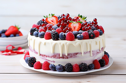 Chocolate cake with fresh berries on wooden table, a Food & Drink Photo by AlyaAnd