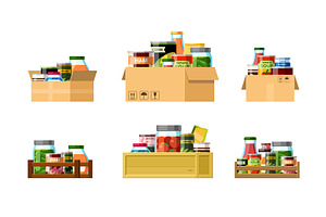 Boxes With Canned Food Set. Packaged