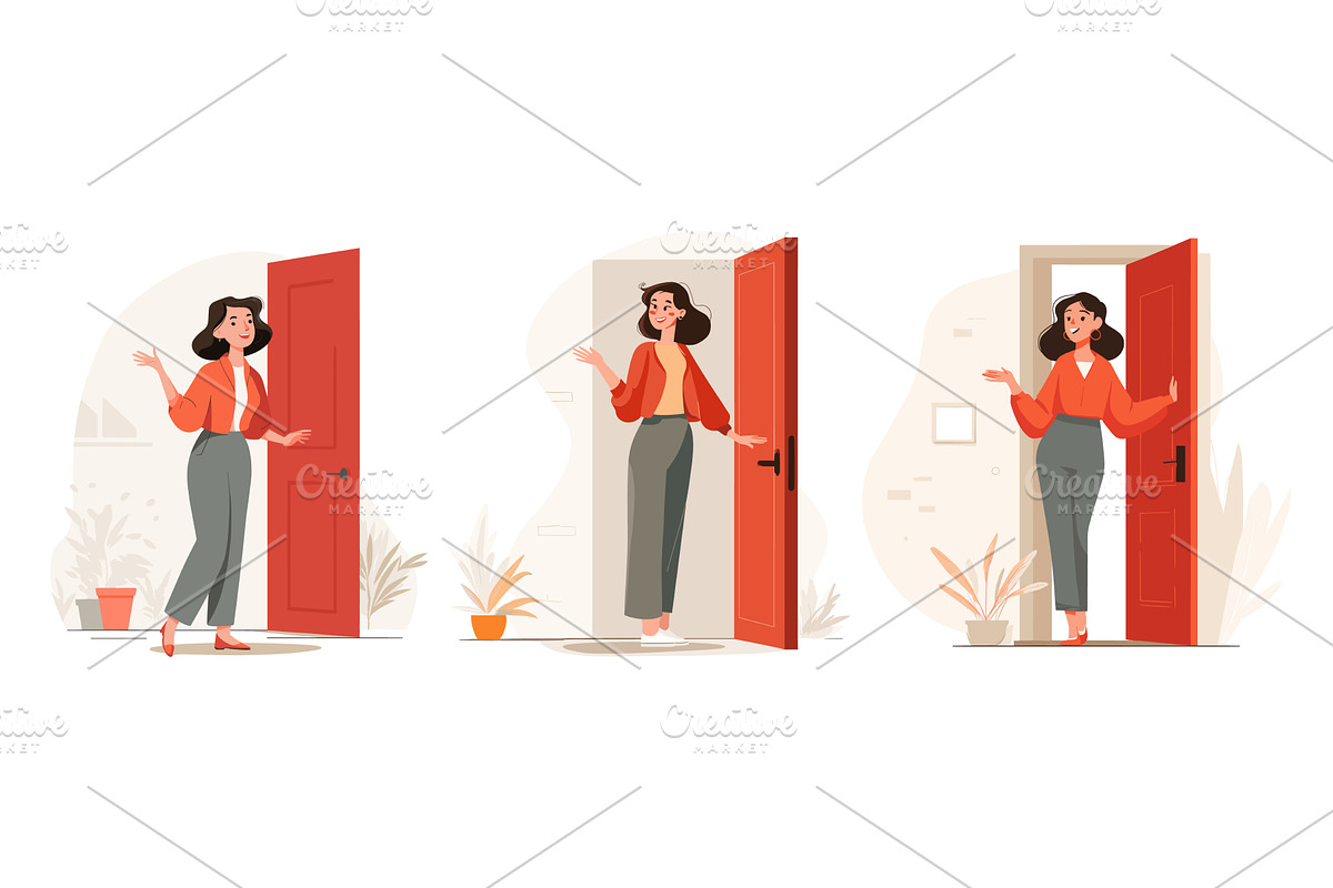 Woman greets at door. Wife meets, a Person Illustration by Stock-Smart-Start