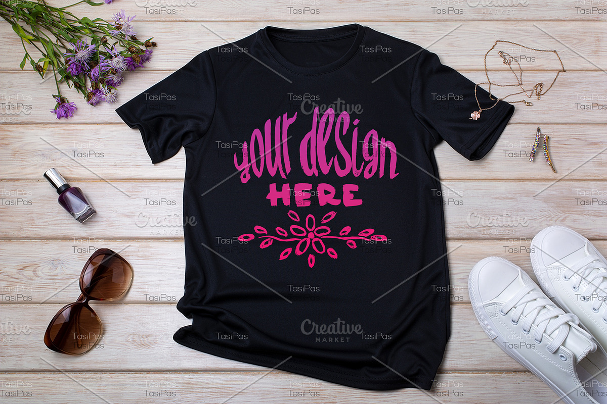 T-shirt mockup with burdock flowers., a Print Template by TasiPas (Photo 1 of 4)