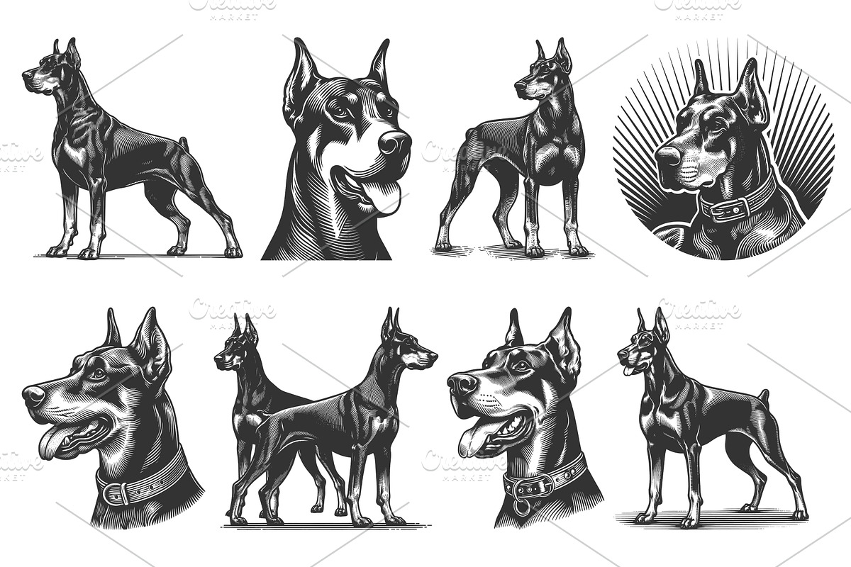 Doberman Dog engraving set vector, an Animal Illustration by AlexArt