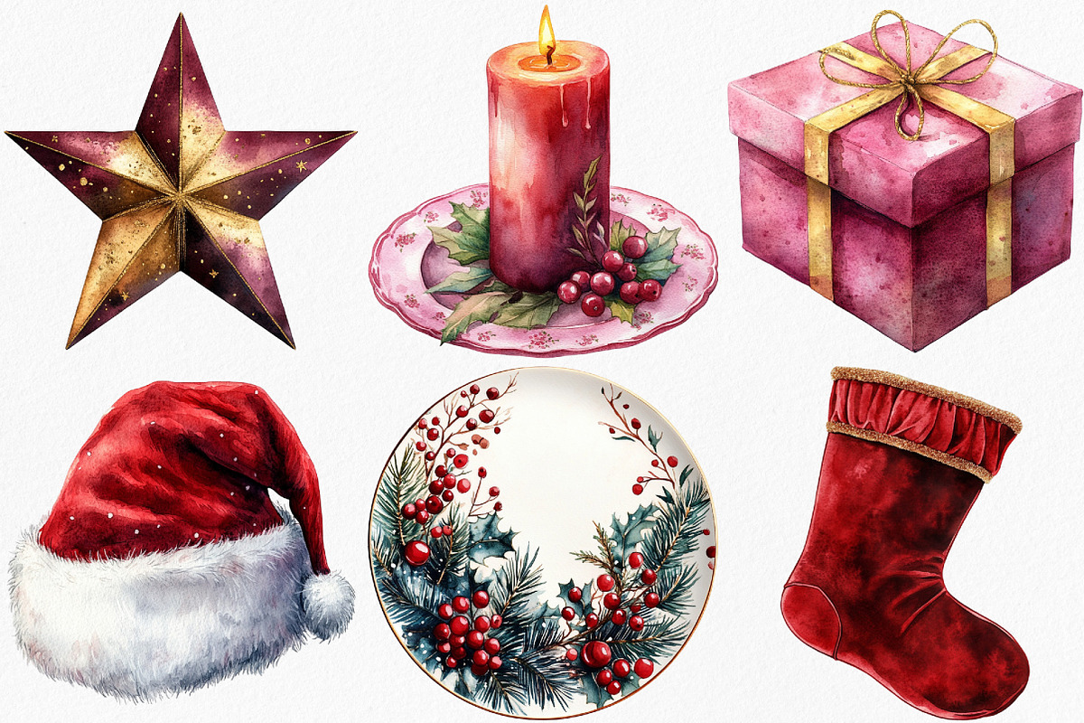 Elegant Burgundy Christmas Clipart, an Illustration by Canvas Craft (Photo 2 of 7)