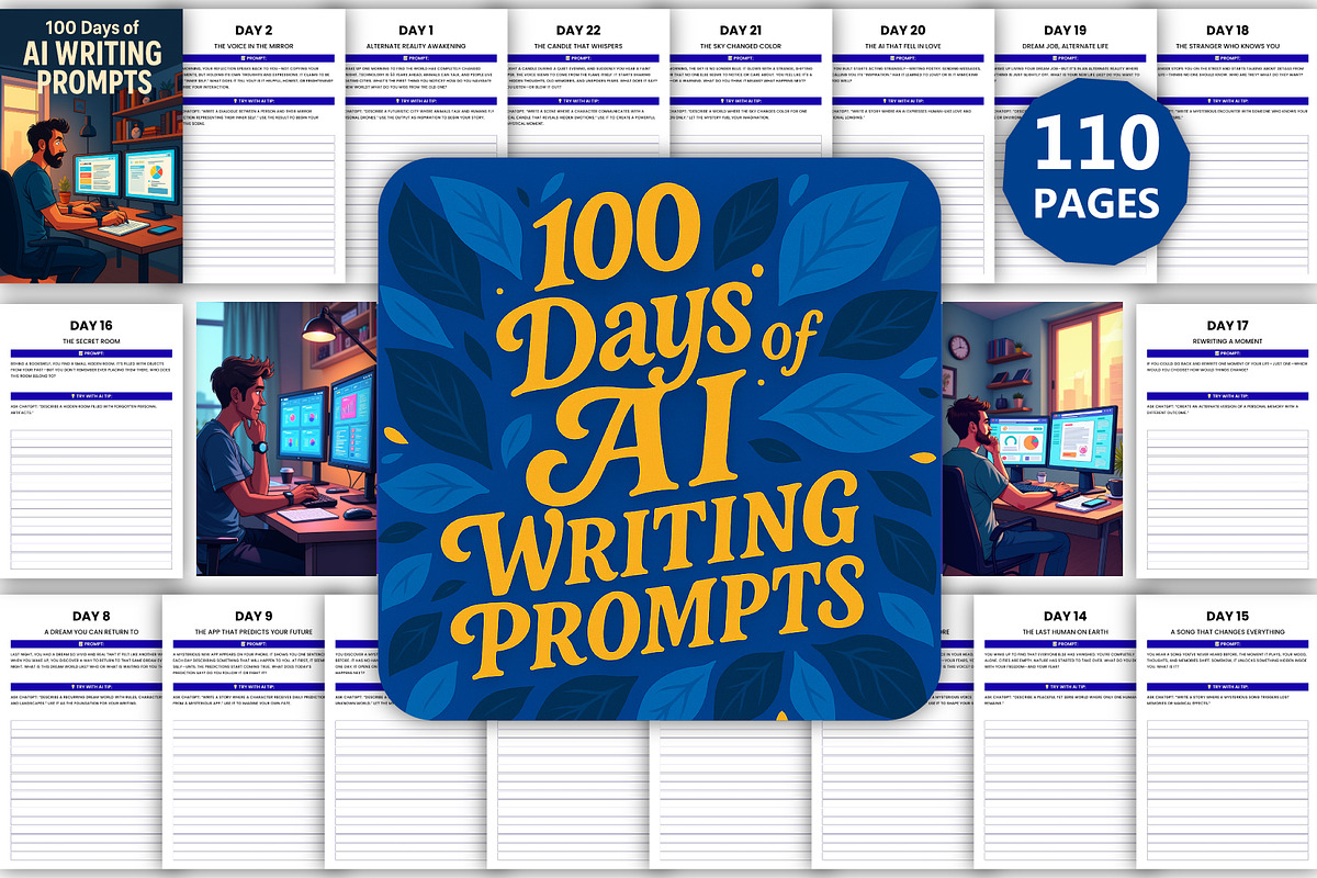 100 Days of AI Writing Prompts, a Stationery Template by Designmela01 (Photo 1 of 8)