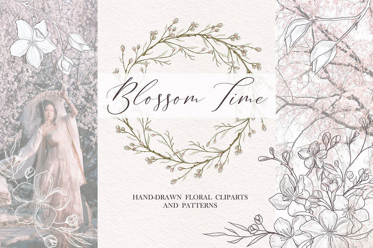 Cherry blossom cliparts and patterns, an Illustration by TatiArti (Photo 1 of 12)