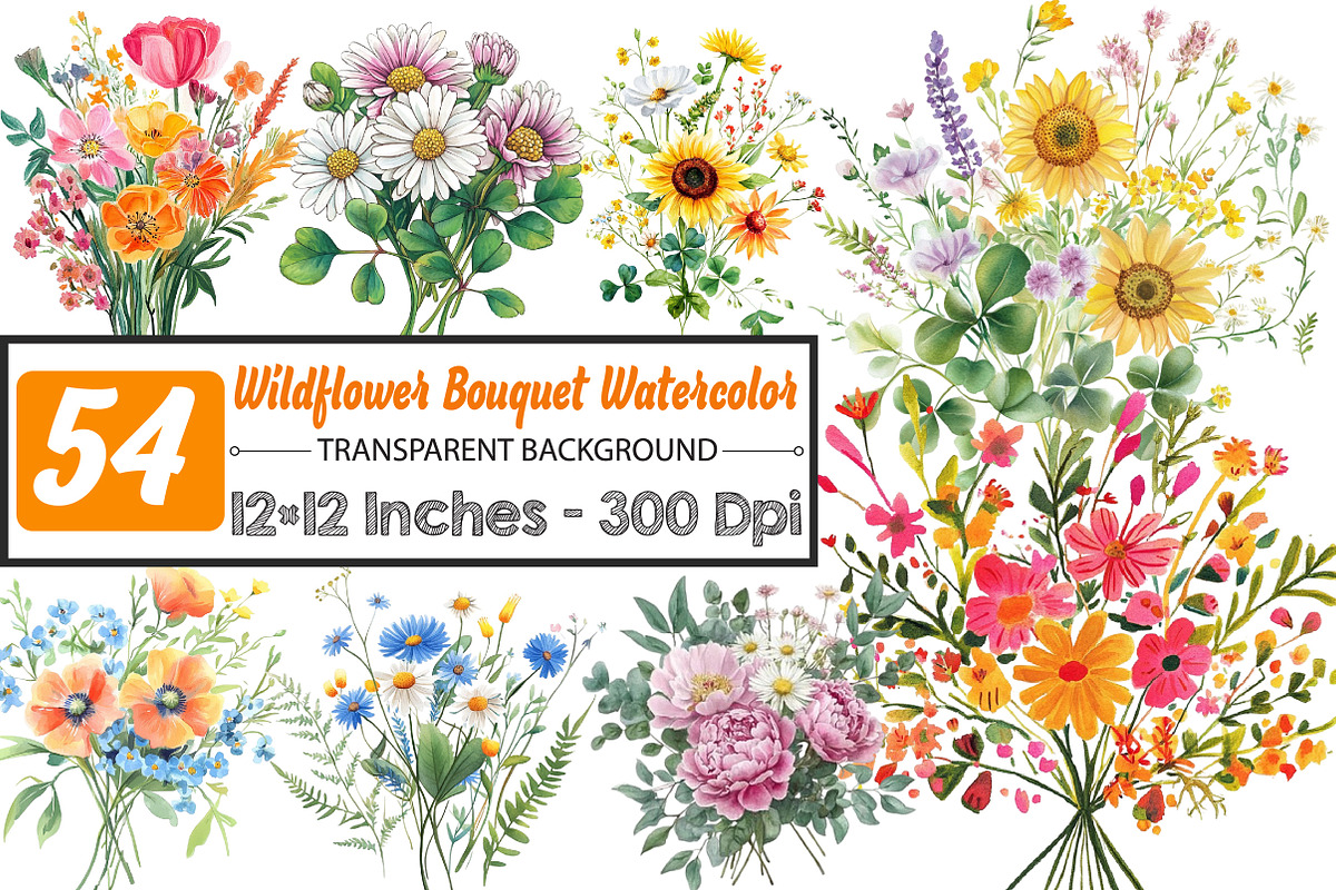 Wildflower Bouquet Watercolor Clipar, an Illustration by DreamCafeArt (Photo 1 of 3)